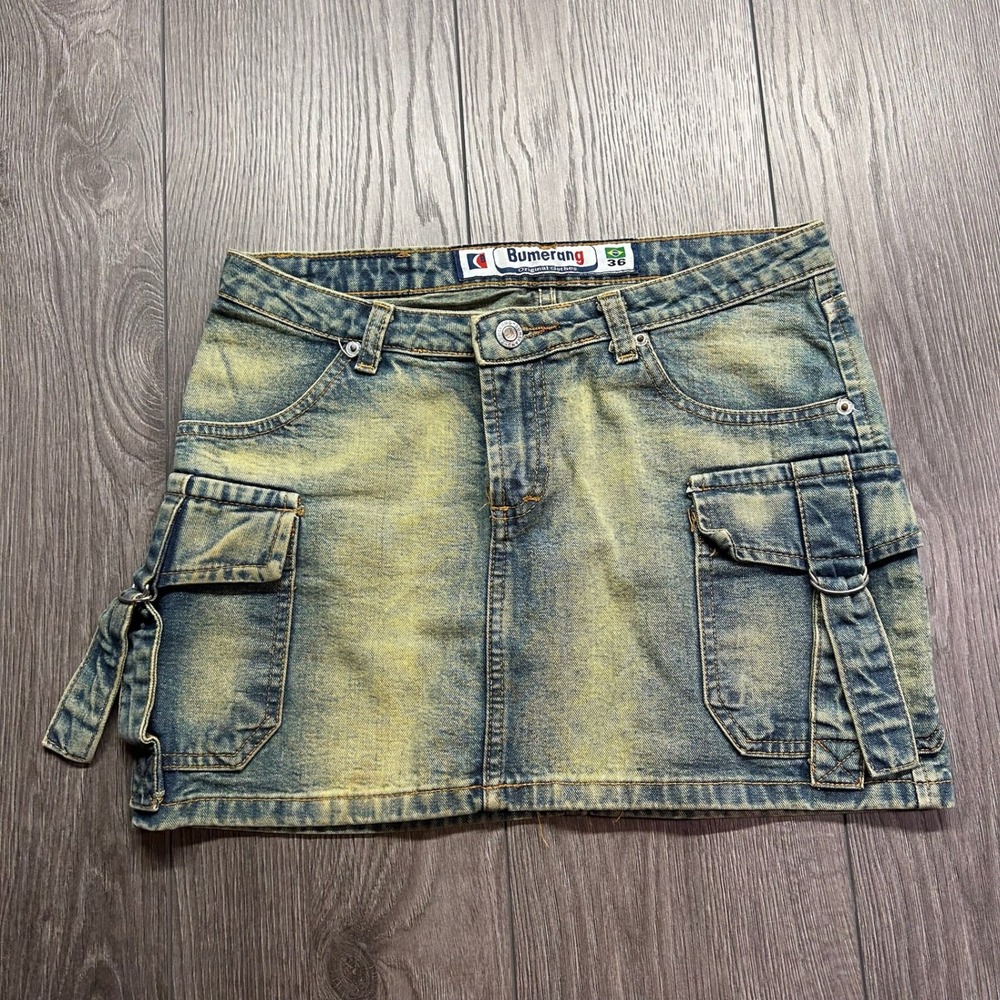 Bumerang Y2K Cargo Denim Mini Skirt Yellow Wash Low Rise 28 Waist Streetwear